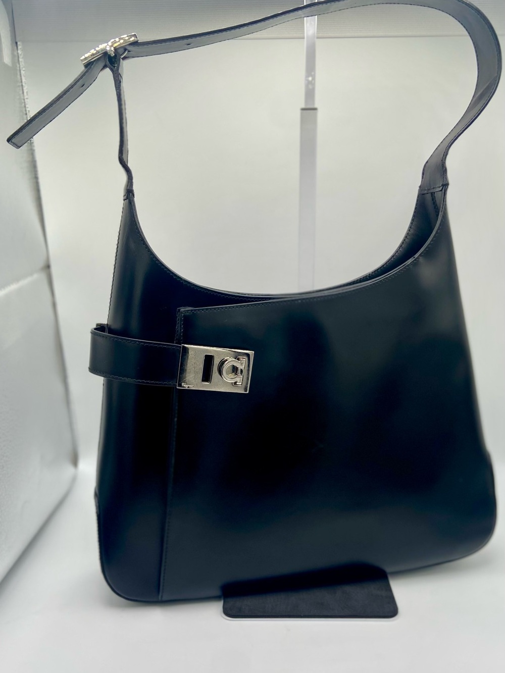 Salvatore Ferragamo Black Shoulder Bag Zip Closure Silver Hardware Buckle Logo